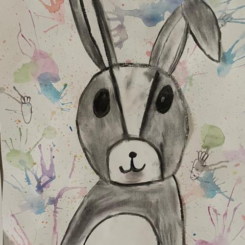 Osterhasen, mit Kohle gezeichnet, 1i-Klasse