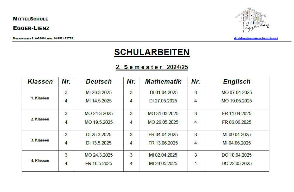 Schularbeitentermine 24-25-2.Semester