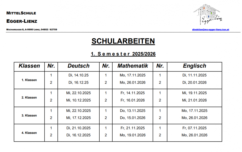 Schularbeitentermine 1. Sem. 2025-26