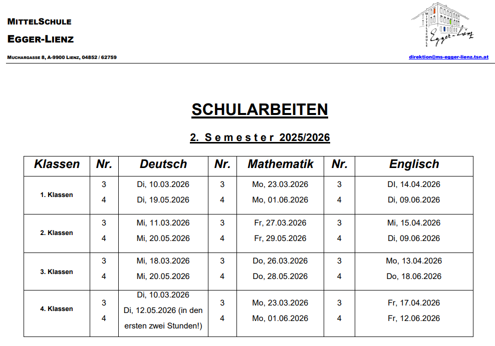 Schularbeitentermine 2.Semester 2025-26